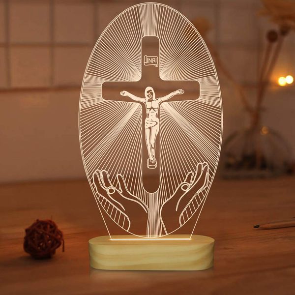 3D Illusion Lamp Jesus Cross Night Night,USB Power Warm Colors Bedside Lamp for Home Room Holiday Decor