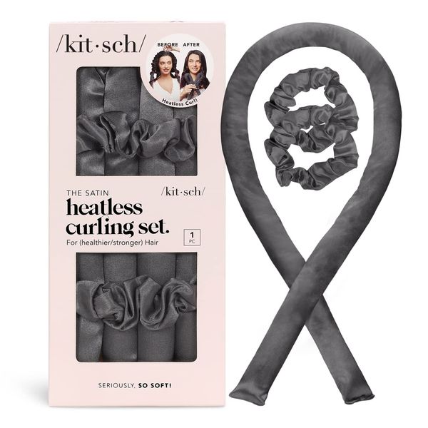 Kitsch Satin Heatless Curling Set - Hair Rollers for Heatless Curls | Heatless Hair Curlers & Hot Rollers | Hair Curlers To Sleep In | Heatless Curling Rod Headband | Heatless Curler (Charcoal)