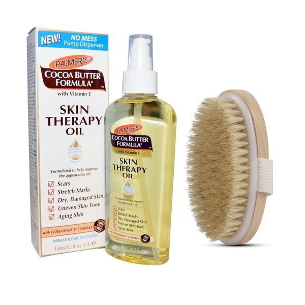 Palmer's Cocoa Butter Skin Therapy Oil 150ml + Dry Body Brush Set | Moisturising Coconut Body Oil with Vitamin E for Stretch Marks, Scars, and Skin Care | Dry Brushing Body Brush for Exfoliation