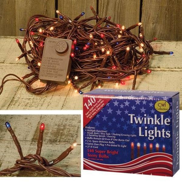 Light String Set 140 Patriotic Americana Teeny Bulbs Multi Function Brown Cord