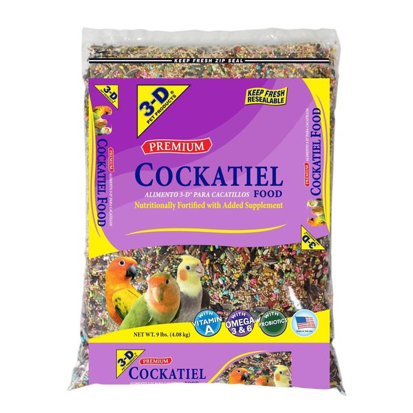 3-D Pet Products Quality Cockatiel Mix Bird Food Seeds with Probiotics 9 lb. Bag