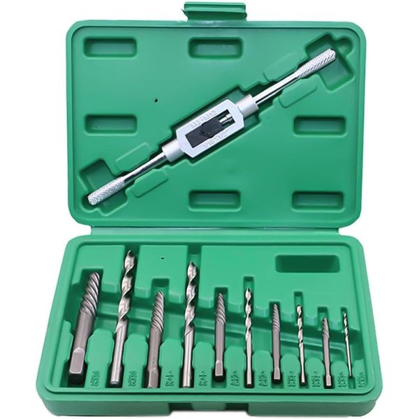 happykau Crushed Screw Removal Extractor Set of 11 Bolts, Reverse Tap, Extractor Tool Set, Broken Bolt, Tap Handle, Drill, Bolt Remover, Reverse Tap Tool Set