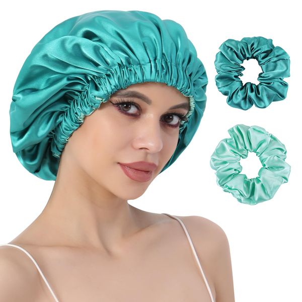 CENTSTAR Reversible Silk Satin Bonnet for Sleeping, Large Adjustable Silk Satin Hair wrap Hair Cap for Women Curly Hair (BlackishGreen)