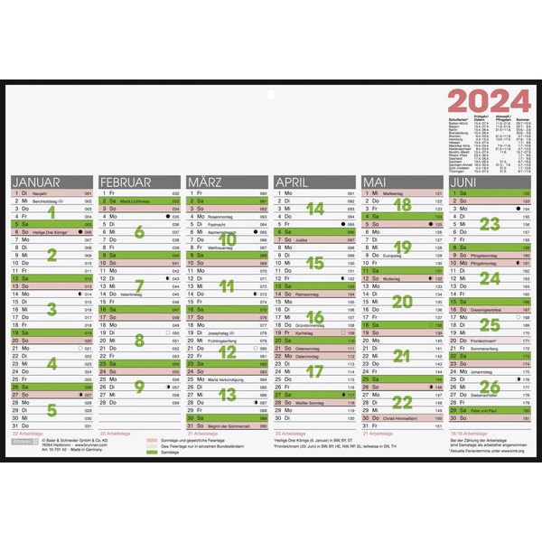 BRUNNEN Jahreskalender 2024 1 Seite = 6 Monate A4 quer weiß