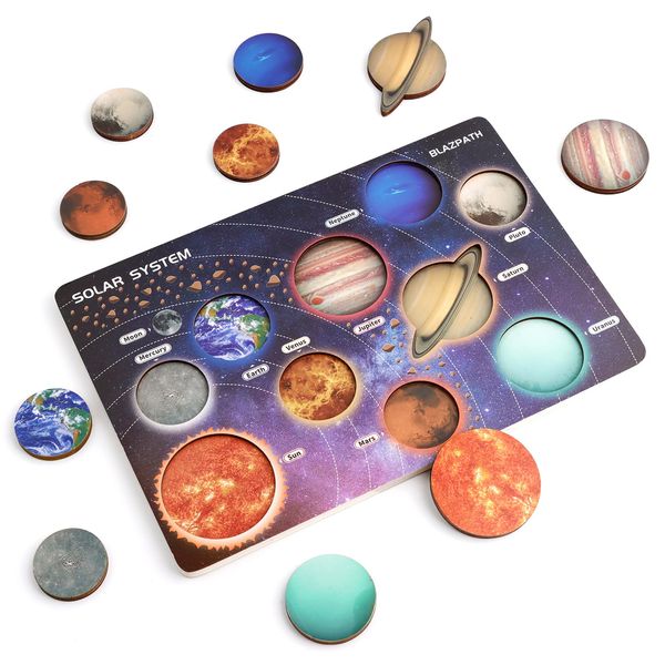 BLAZPATH Solar System Planet Space Wooden Puzzle Toys for Kids 3-5, Toddler Montessori Educational Match Planet Board Sensory Toys for 3 4 5 Year Old Boys Girls, Preschool Planets Learning Activities