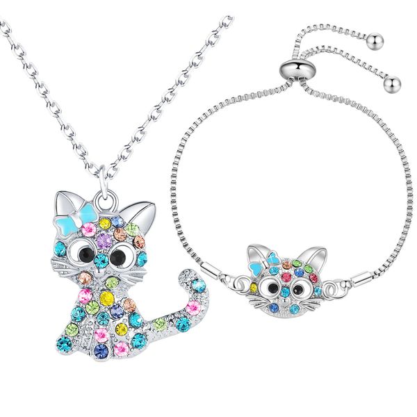 Lovely Rainbow Rhinestone Cat Jewelry Set For Girls Pendant Necklace For Girl Bracelet For Girl Jewelry Gift For Girls Daughter Granddaughter Niece Christmas Gift Girl Birthday Gift