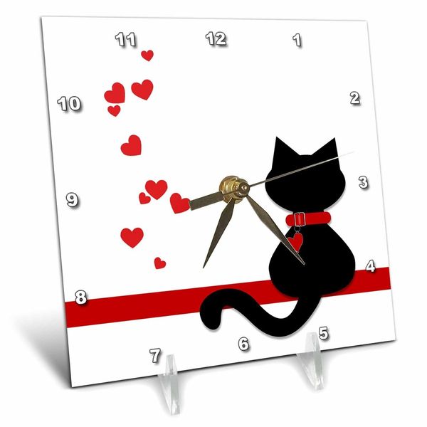 3dRose Pet Lovers Red Hearts Black Kitty Cat 6x6 Desk Clock