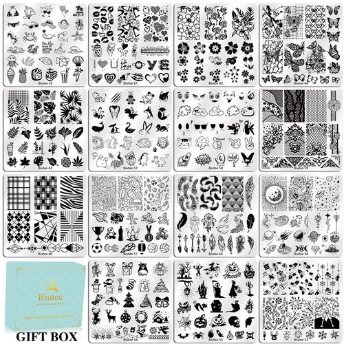 Biutee Nail Stamping Plates Set 15 pcs Nail Art Stamper Scraper Storage Bag Gift Box Nail Stamp Template Kit Lace Flower Butterfly Star Holiday Sports Design Nail Image Plate