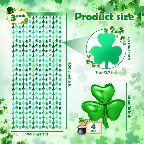 Soulchen 7 Pack St. Patrick's Day Decorations 3 Pack 3.3 x 6.6 ft Shamrock Tinsel Foil Fringe Curtains with 4 Pack 18 Inch Shamrock Foil Balloons for St. Patrick's Day Irish Party(Green)