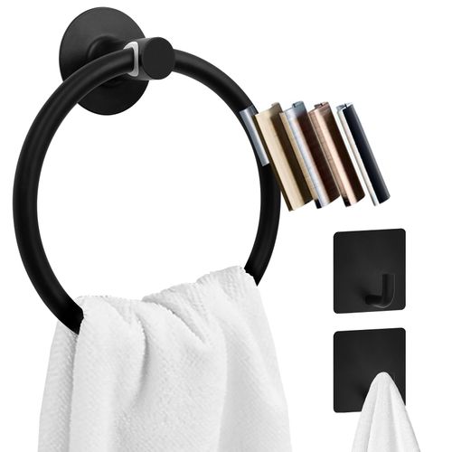 DailyTreasures Matte Black Upgrade Aluminum Stainless Steel Towel Ring Holder with Hook - Adhesive Hand Towel Ring - Bath Towel Rings for Bathroom Wall Organizer Kitchen Storage