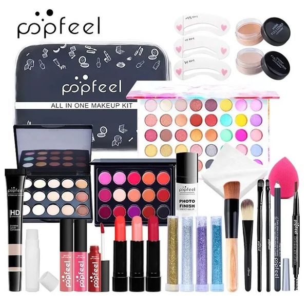 POPFEEL Makeup Kit Set Cosmetics Eyeshadow Palette Lip Gloss Liquid Lipstick Sponge Foundation Concealer