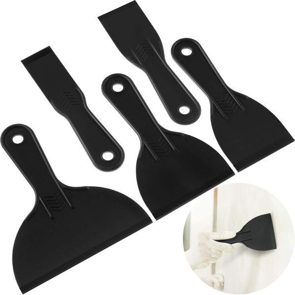 5 Pieces Plastic Putty Knife Set Flexible Paint Scrapers Tool for Spackling, Patching, Decals, Wallpaper, Baking, Wall, Car Putty and Painting (Black, Size Set 2)