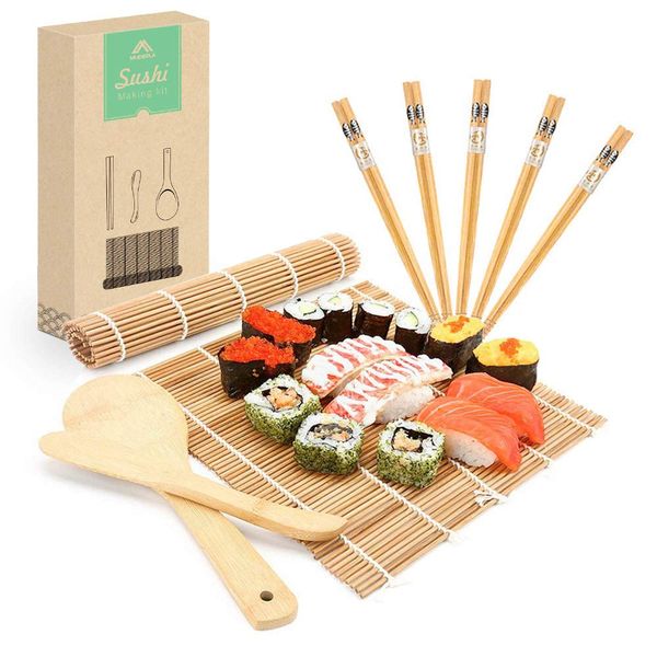 MUDEELA Bamboo Sushi Rolling Mat, Sushi Making Kit 9 Pcs, Beginner Sushi Mat, Includes 2 Rolling Mats, 5 Pairs Chopsticks, Paddle, Spreader, Beginner's Guide (PDF), Roll On, Sushi Maker Kit