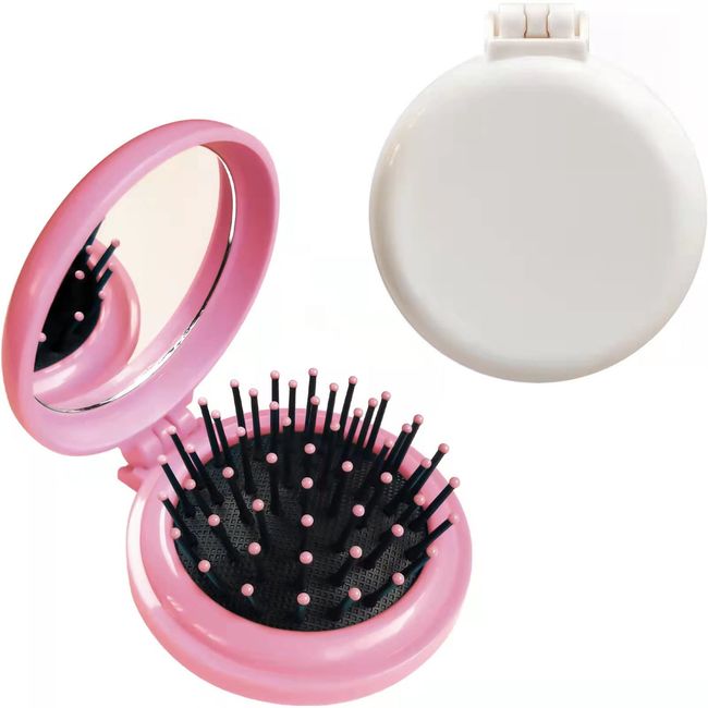 Folding Hair Brush with Mirror for Purse/Pocket,Round Mini Compact Massage Comb for Girls and Women (Pink+White)