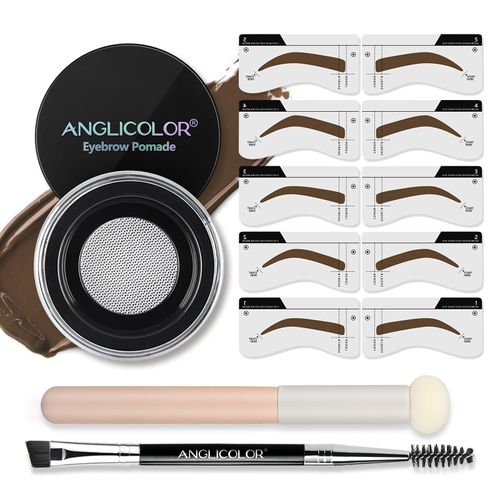 Anglicolor Eyebrow Stencil Set,Eyebrow Stencil Kit,Waterproof Eyebrow Pomade,Long Lasting Brow Pomade with Double Ended Eyebrow Brush with Sponge Applicator (05#DARK BROWN, 7.5g)