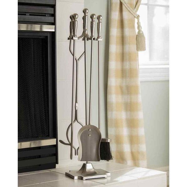 5-Piece Fireplace Tool Set Satin Pewter Finish Steel w/Heavy Weight Construction