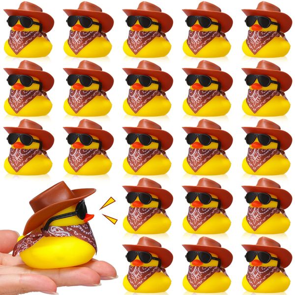 24 Set Cowboy Rubber Duck Mini Yellow Duckies Bath Party Toy Tiny Ducks Bathtub Toy with Cowboy Hat Paisley Bandanas Sunglasses for Summer Baby Shower Birthday Swimming Party Favor (Classic Style)