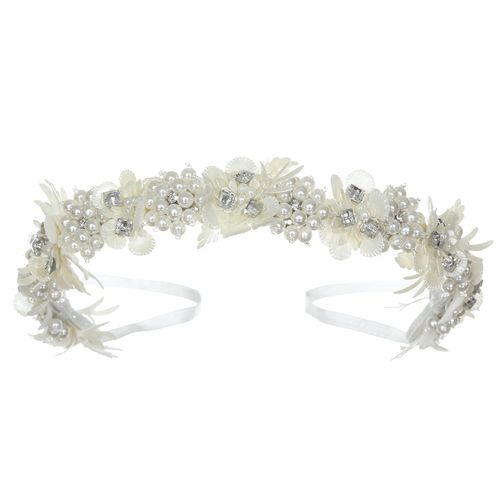 SAMKY Pearl Rhinestone Crystal Satin Communion Flower Wreath Headband T1303
