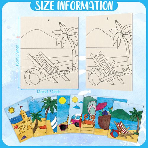 MiniInflat 24 Pcs Large Summer Unfinished Wood Crafts to Paint, Predrilled Beach Coconut Surfboard Wooden Slices with Rope Hawaii Coloring Ornament Crafts for Summer DIY Home Party Activities