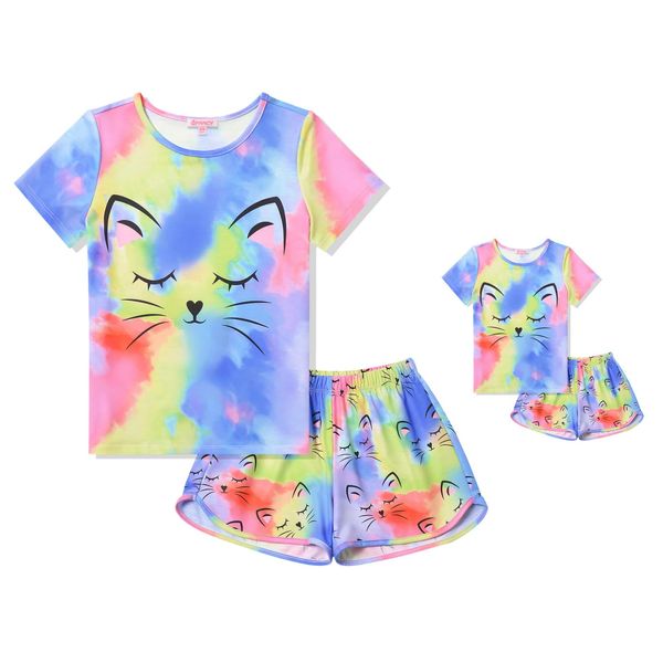 QPANCY Summer Cat Pajamas Matching 18 inch Doll & Girls Tie-Dye Pjs Sets Cotton Size 10 11