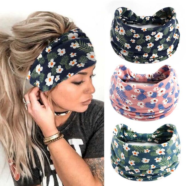 Zoestar Boho Stirnband Blume Haarbänder Breit Headwraps Yoga Elastisch Kopftuch für Frauen und Mädchen (3 Stück)