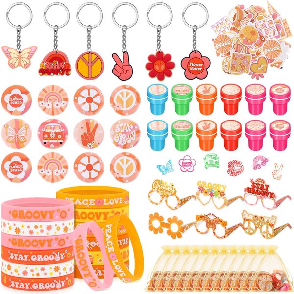 Sasylvia 122 Pcs Groovy Party Favors Retro Hippie Party Gifts Set Silicone Wristbands Keychains Badges Glasses Stickers Boho Stampers Gift Bags for Groovy Birthday Baby Shower Class Reward Supplies