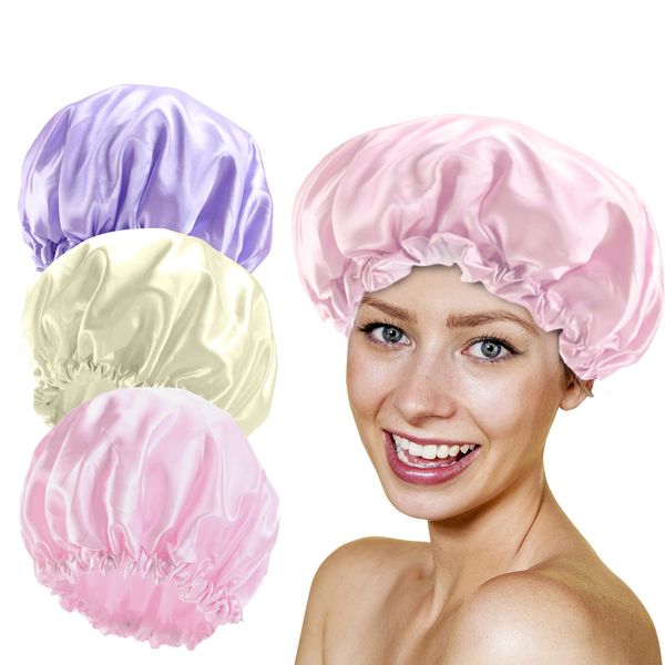 3 PCS Shower Cap for Women - Large Reusable Waterproof Shower Bath Caps,Double Layer Hair Cap Hat for Long and Thick Hair EVA Lined,Shower Cap for Women Men Ladies Spa Salon (White+Pink+Purple)