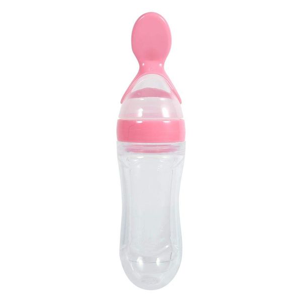 Baby Feeding Bottle, 1Pc 90mLSilicone Baby Food Squeeze Bottle Spoon Feeder Rice Paste Spoon for Baby Toddler(Pink)