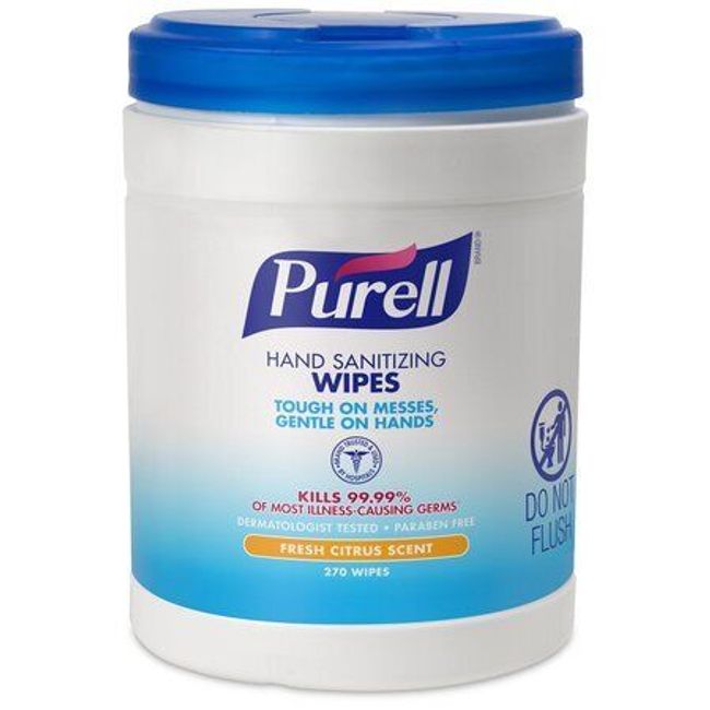 Purell 9113-06 Hand Sanitizer Wipes, White, Canister, Non Linting Textured, 270