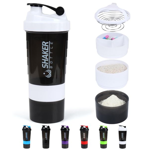 VIGIND Protein Shaker Bottle,Leak Proof Sports Water Bottle for Protein Mixer- Non Slip 3 Layer,16 oz Shake Cup with Pill Tray Storage (White)