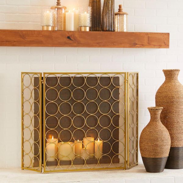 Litton Lane Fireplace Screen Brass Metal Geometric Foldable Mesh Netting 3 Panel