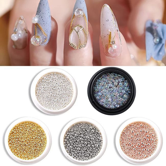 Nail Art Caviar Beads,5 Boxes Nail Art Beads Manicure Mini Steel Ball,Nail Art Accessories for DIY 3D Nail Art Decorations Silver Golden Rose Gold