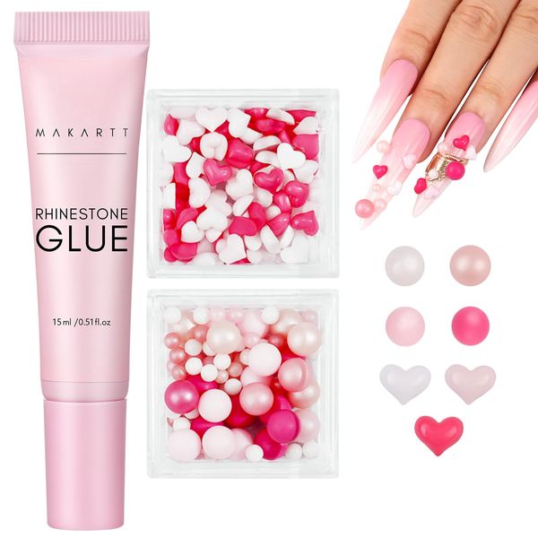 Makartt Nail Rhinestone Glue Gel Kit for Valentine's Day, Strong Adhesive Gel Nail Glue with Nail Crystal Rhinestone, Nail Gem Glue, Nail Glue Gel with 3D Nail Charms Gems (02)