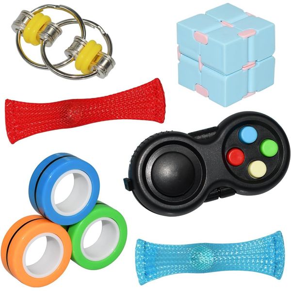 QINGLER Sensory Fidget Toys Set 6 Pack with Infinity Cube, Magnetic Rings, Fidget Gaming Pad, Flippy Chain and More, Relieve Stress and Anti-Anxiety for Kids and Adults