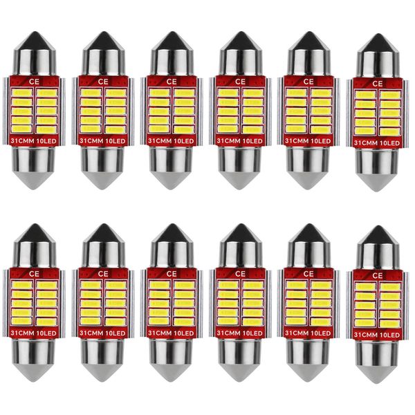 12 Pack Festoon LED Car Bulb, Festoon Dome Reading Xenon White Bulbs, Car Interior Light, Replacement License Plate Lights, Map Lamps for Trunk Makeup, No Polarity 12V, 10 SMD 4014 Chipsets (31 MM)
