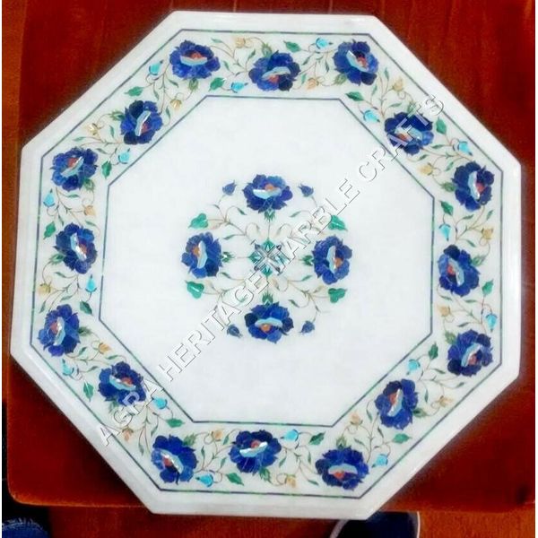 12 Inch White Marble Coffee Table Tops, Lapis Floral Inlaid Art Inlaid...-