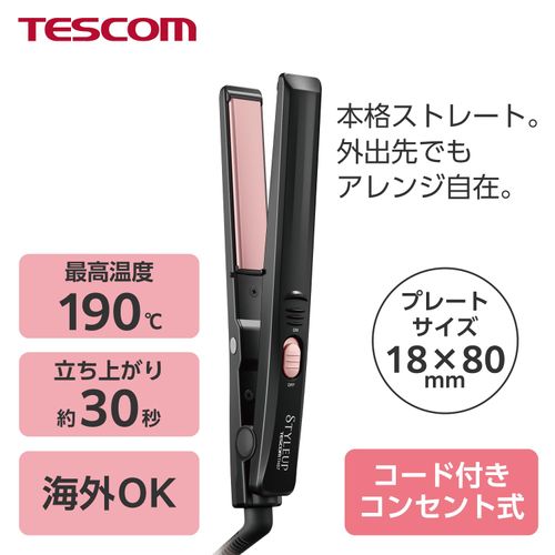 Tescom THS7 K Hair Iron, Straightening Iron, 0.7 inches (18 mm), For Overseas Use, Compact, Ceramic Coating, Black