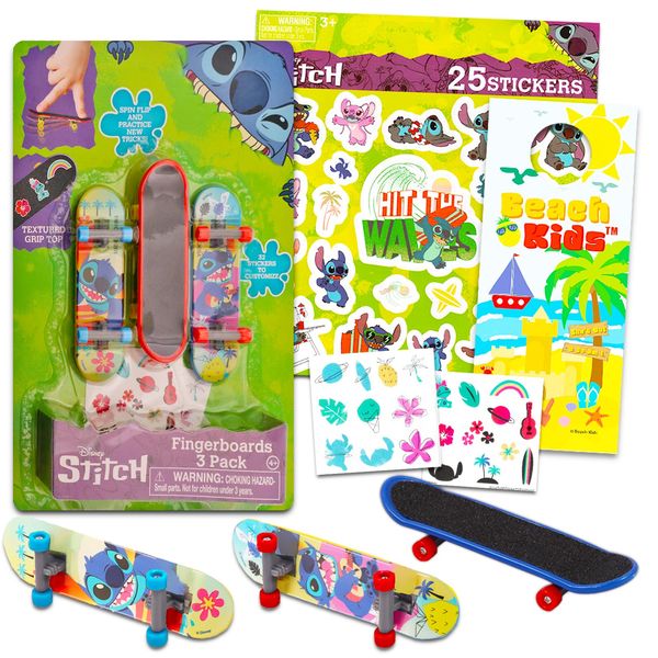 Stitch Fingerboard Toy Set ~ 3 Pc Bundle with Stitch Finger Skateboard for Kids, Lilo and Stitch Stickers, and a Beach Kids Door Hanger | Stitch Party Favors