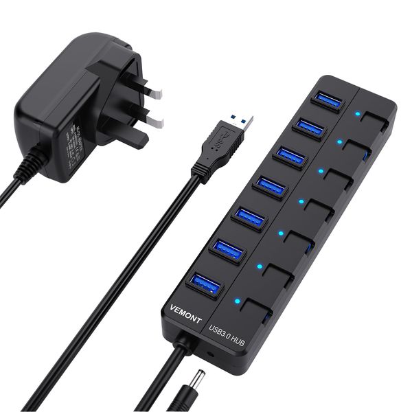 Powered USB Hub,VEMONT 7 ports SuperSpeed USB 3.0 Hub with Power Supply,USB Splitter Powered with Individual on/off LED Switches and 3.9ft/1.2m Long Cable for PC/Laptops/Ultrabooks/Desktops