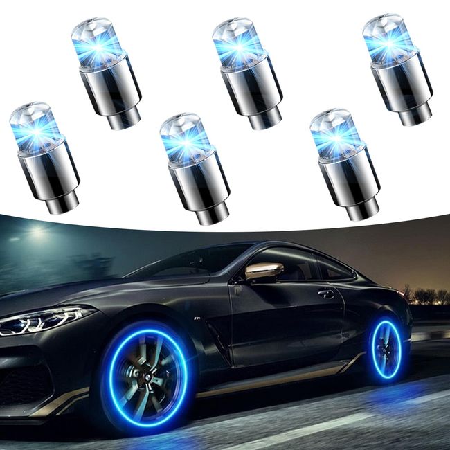 Fluher 6 PCS Car Tire Valve Light, Cool Modified Night Light Safety Shock Sensor Flash Light, Waterproof Tire Valve Stem LED Light Cap, Universal Wheel Decoration Accessory for Car Motorcycle (Blue)