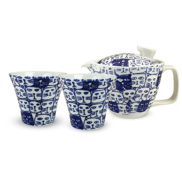 J-kitchens Shozan Kiln Teapot, 8.5 fl oz (240 ml) & Pair of Tea Cup Set, Hasamiyaki, Made in Japan, For 1 - 2 People, Includes Tea Strainer, Cats, Blue