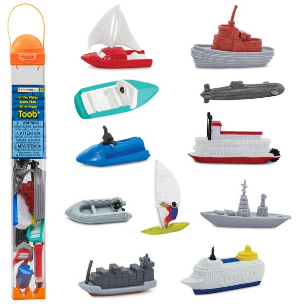 Safari Ltd. In the Water TOOB - Figurines of Jet Ski, Raft, Submarine, Motorboat, Windsurfer, Battleship, Cruise, Steam, Sail, Tug, Cargo Boat - Educational Toy Figures For Boys, Girls & Kids Ages 3+