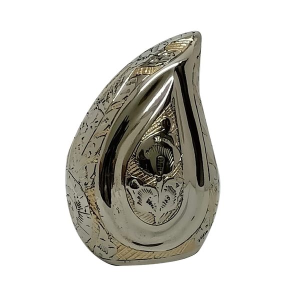 Intricately Engraved Brass Keepsake Mini Teardrop Cremation Urn for Human Ashes, Small Memorial Urn. (Gold)