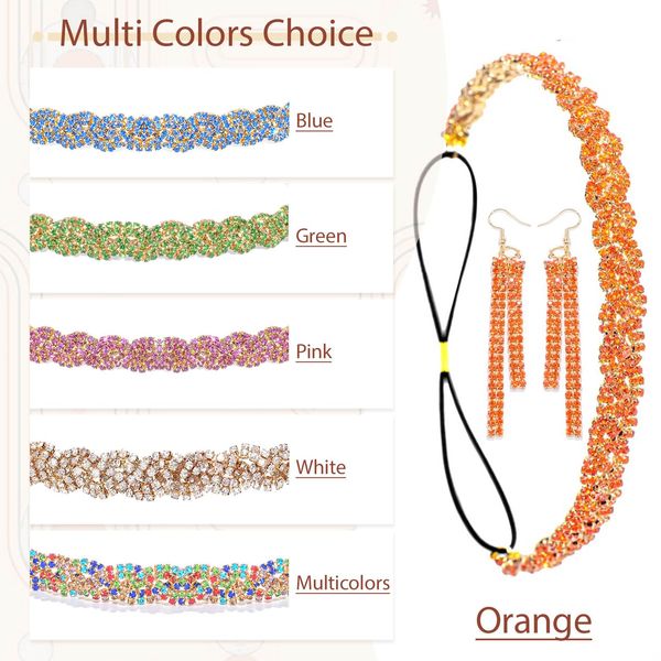 Barode Braided Rhinestones Headband Earrings Gold Crystal Hairbands Eardrop Sparkle Head Chain Tassel Jewelry Set for Women (Orange, Free Size)