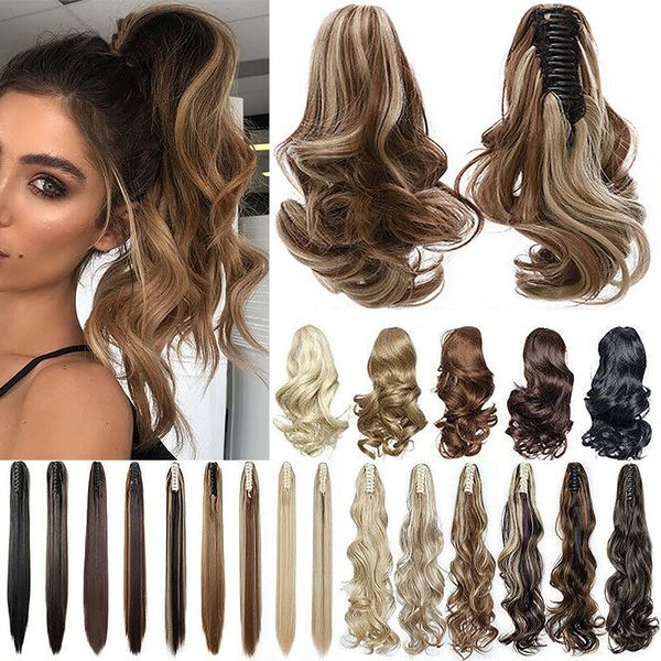 Fashion Ponytail Hair Extension Claw Curly Wavy Straight Clip in ponytail Hairpiece One Piece fake hair Ponytails for Women 12” Curly Ash Blonde