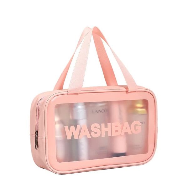 Vinyl pouch, clear pouch, WiViVi, waterproof, travel pouch, travel set, hot spring bag, semi-transparent PVC material, cosmetic pouch, makeup pouch, spa bag, makeup storage, large capacity, bath pouch (pink, large)