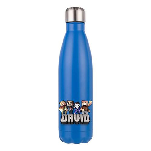 Personalised Any Name Cool Pixel Art Funny Gaming Enthusiast Birthday Gift for Kids, Boys, Girls, Back to School, 500 ML Double Walled Insulated Stainless Steel Cola Bottle. (Matt Dark Blue)