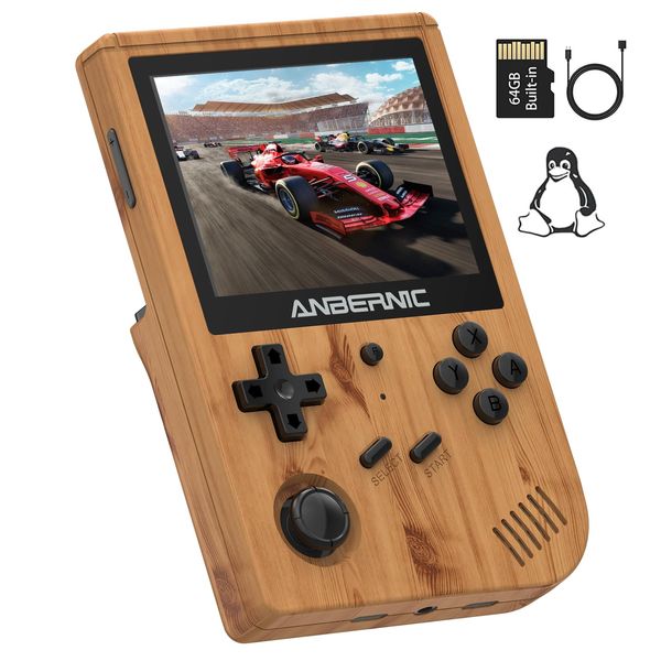 RG351V Handheld Game Console,Plug & Play Video Games Supports Double TF Extend 256GB,Portable Game Console 3.5 Inch IPS Screen 2521 Games Wood Grain