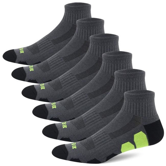 BERING Men's Performance Athletic Running Ankle Socks, Size 9-12, Graphite Grey, 6 Pack