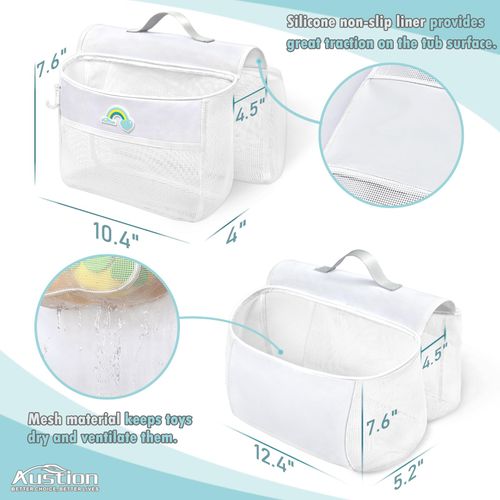 Saddle shape 2 Compartments Bath Toy Organizer, Easy Access for Children, Wide Opening Bath Toy Holder for Drying Toys and Storage, Mesh Shower Toy Holder and Bath Tub Toy Storage Organizer for Tub.